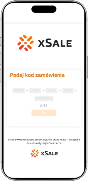 xSale's order-tracking page on a phone, in Polish: the buyer types in the order code.