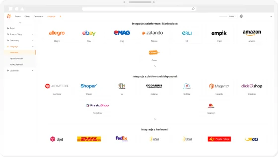 xSale's integrations screen, interface in Polish: the marketplaces (Allegro, eBay, eMAG, Zalando, Erli, Empik, Amazon, Ceneo), the shop platforms (Shoper, PrestaShop, Magento and others) and the couriers it connects to.