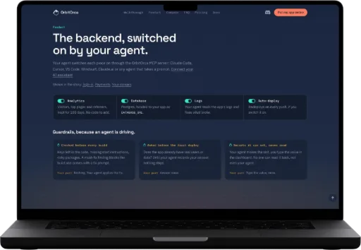 OrbitOrca's website on a laptop: analytics, database, logs and auto-deploy switched on by a coding agent, and the guardrails around it.